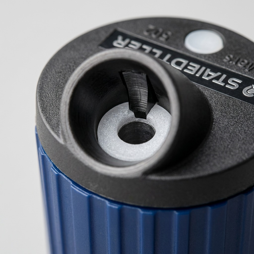 A macro photo of the Staedtler 502 lead pointer's blade assembly and 2mm lead opening, on a blue body.