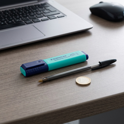 A Staedtler Textsurfer highlighter on a desk with a bic pen and a 1-euro coin.