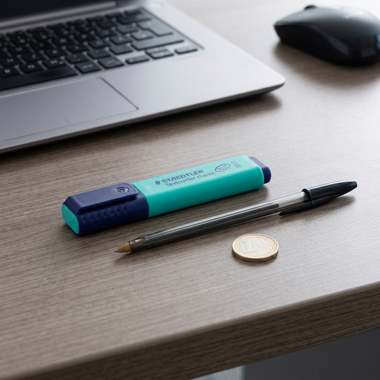 A Staedtler Textsurfer highlighter on a desk with a bic pen and a 1-euro coin.