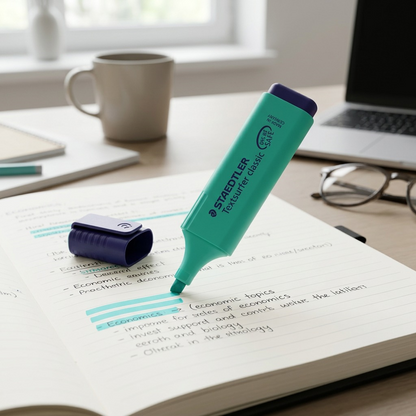 A photo of a STAEDTLER Textsurfer turquoise highlighter being used on notes on a desk.