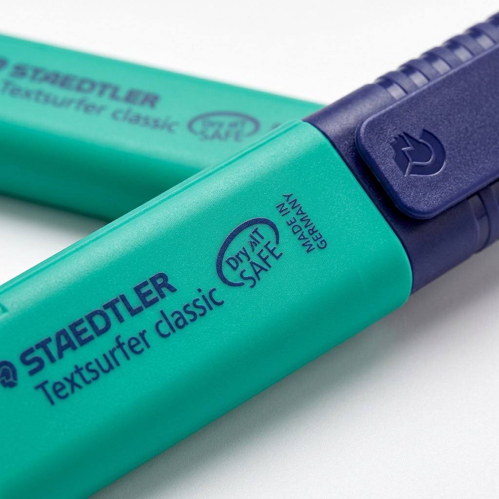 Macro detail of the teal Staedtler Textsurfer highlighter barrel, cap grip, and crisp text markings.