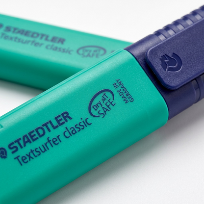 Macro detail of the teal Staedtler Textsurfer highlighter barrel, cap grip, and crisp text markings.