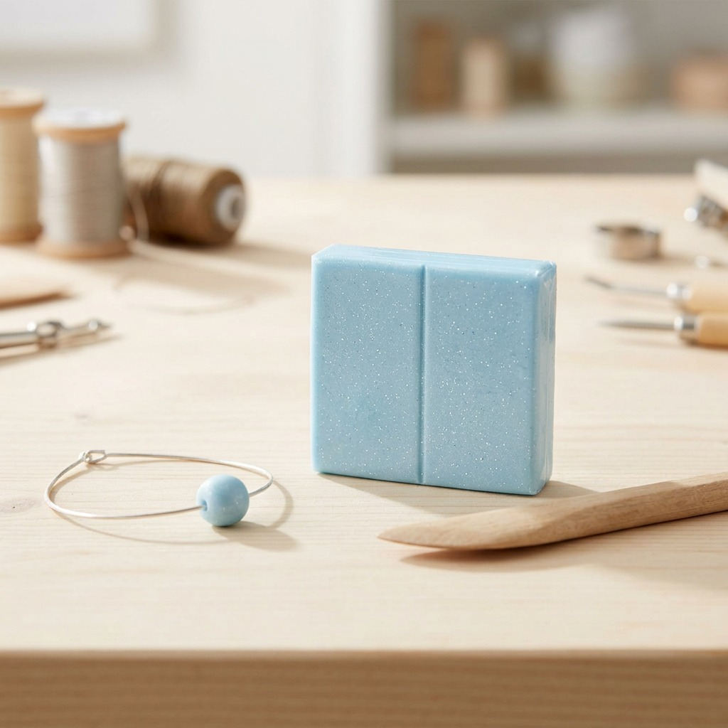 A high-resolution, naturally lit photo capturing the Fimo Effect Blue Ice Quartz modeling clay block as a central focus on a clean, unfinished light wood workspace, emphasizing the exact colour and material properties found in the product image, alongside a simple shaping tool.