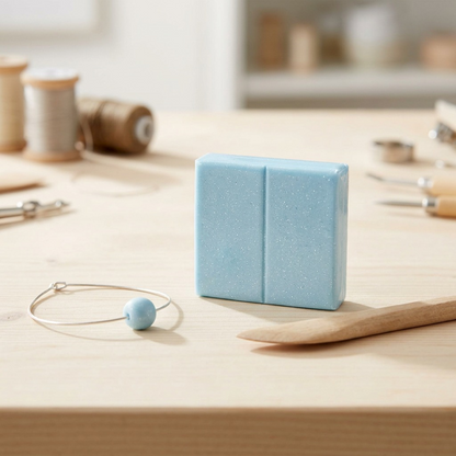 A high-resolution, naturally lit photo capturing the Fimo Effect Blue Ice Quartz modeling clay block as a central focus on a clean, unfinished light wood workspace, emphasizing the exact colour and material properties found in the product image, alongside a simple shaping tool.