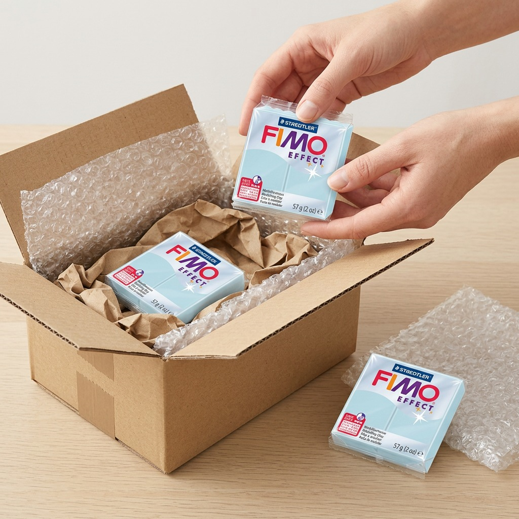 A photo-realistic unboxing of Fimo Effect clay, featuring the product intact next to protective bubble packing and a cut shipping box.