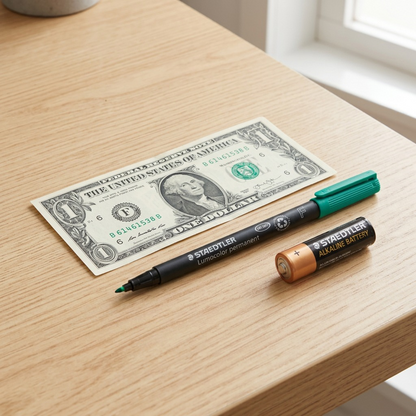 A direct comparison photograph of the green STAEDTLER permanent marker resting parallel to a standard American dollar bill on a light wooden desk, showing their similar length.