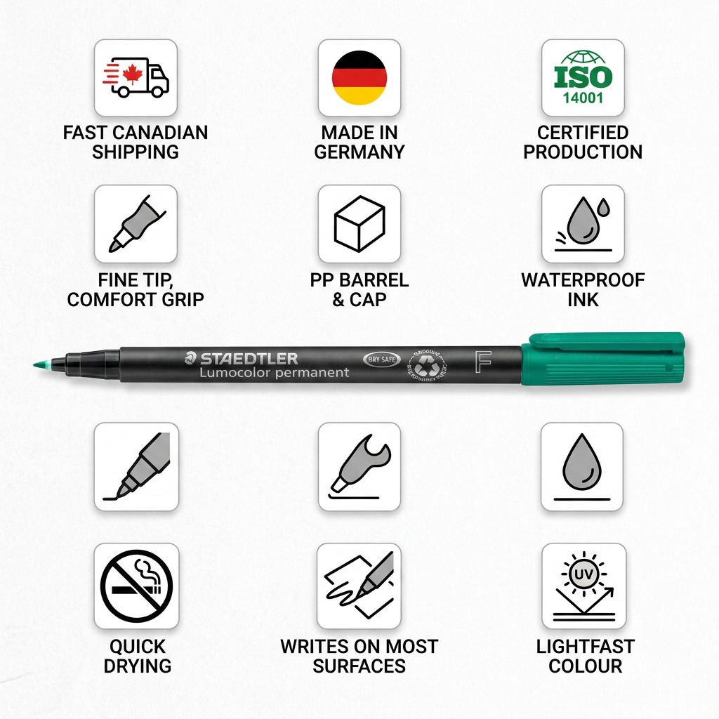 A trust matrix infographic for STAEDTLER Lumocolor permanent markers with fast Canadian shipping icons.