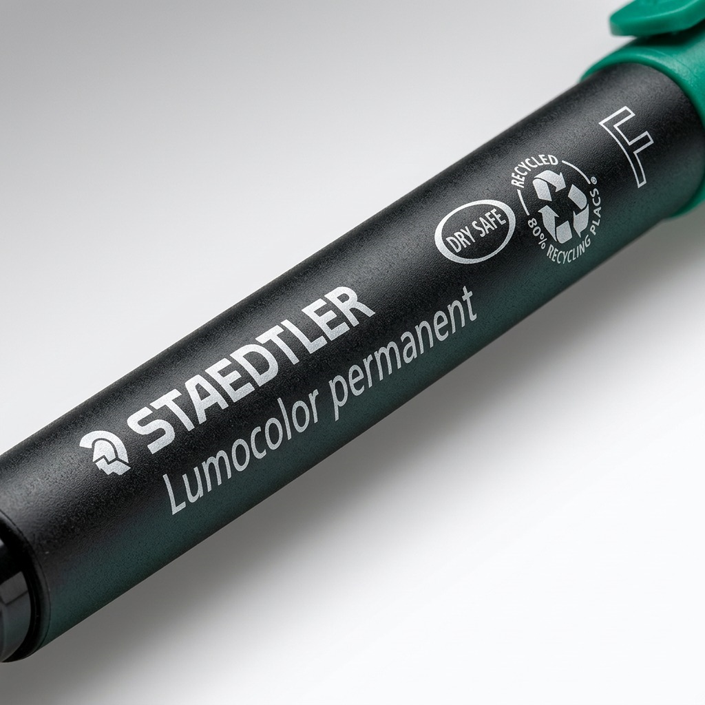 Macro of STAEDTLER permanent marker: detailed text and texture on matte barrel.