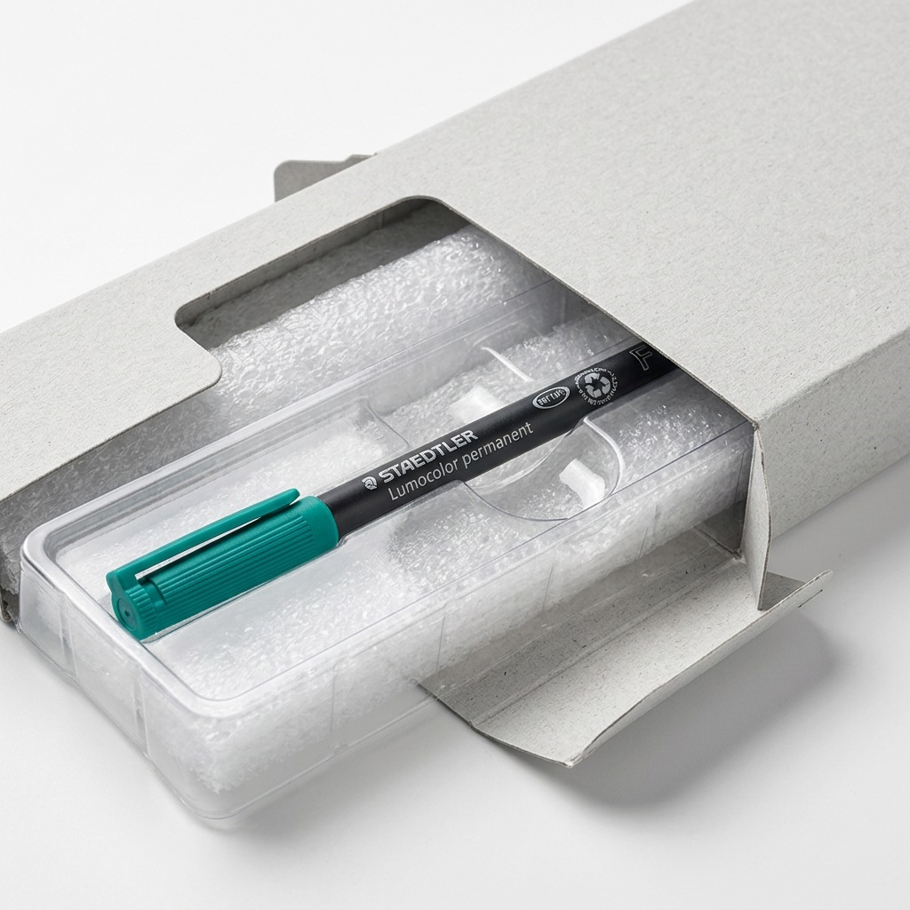 A premium close-up photo shows one green STAEDTLER Lumocolor permanent marker held securely in a custom clear insert within an elegant, light-gray protective board sleeve. The original 'STAEDTLER Lumocolor permanent' text and the teal cap are clearly visible. The presentation reduces anxiety about damage.