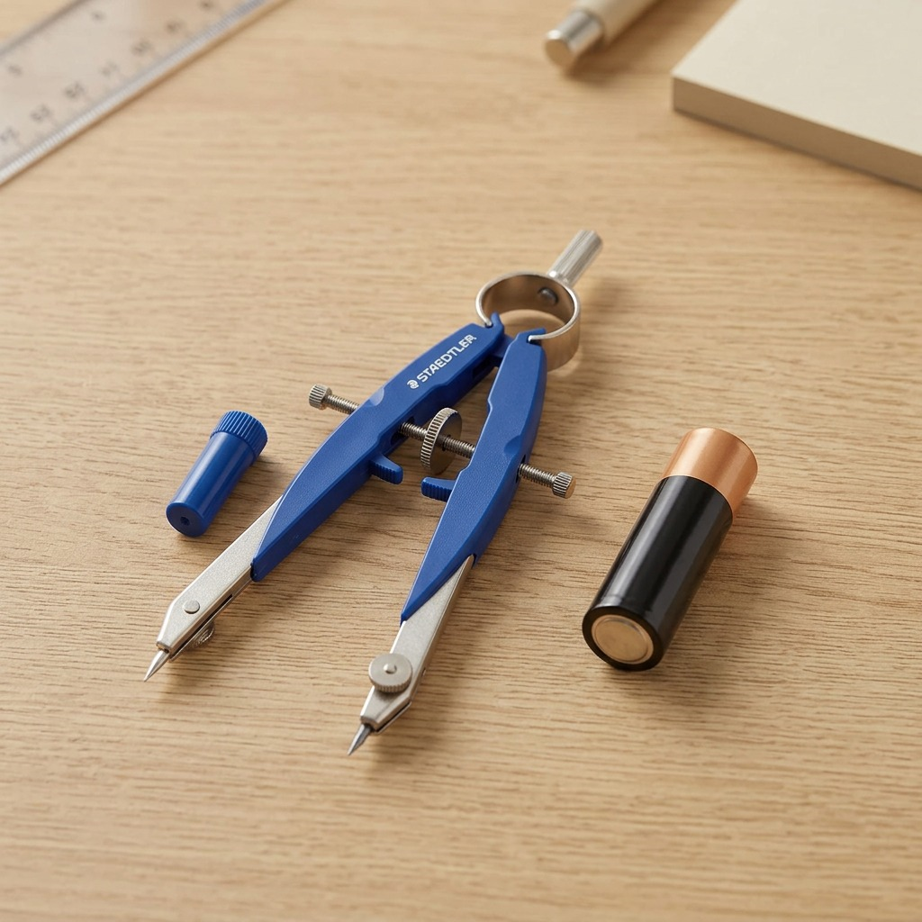 A photographic scale-reference visual matrix image depicting a STAEDTLER Compass Mars 556 comfort, exactly matching the canonical proportions, blue and metal components, and central screw mechanism of the source product, placed flat on a light oak desk next to a standard AA battery. The image uses realistic lighting, accurate scale, product-led ecommerce styling, with no packaging, text, or additional logos.