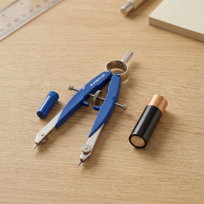 A photographic scale-reference visual matrix image depicting a STAEDTLER Compass Mars 556 comfort, exactly matching the canonical proportions, blue and metal components, and central screw mechanism of the source product, placed flat on a light oak desk next to a standard AA battery. The image uses realistic lighting, accurate scale, product-led ecommerce styling, with no packaging, text, or additional logos.