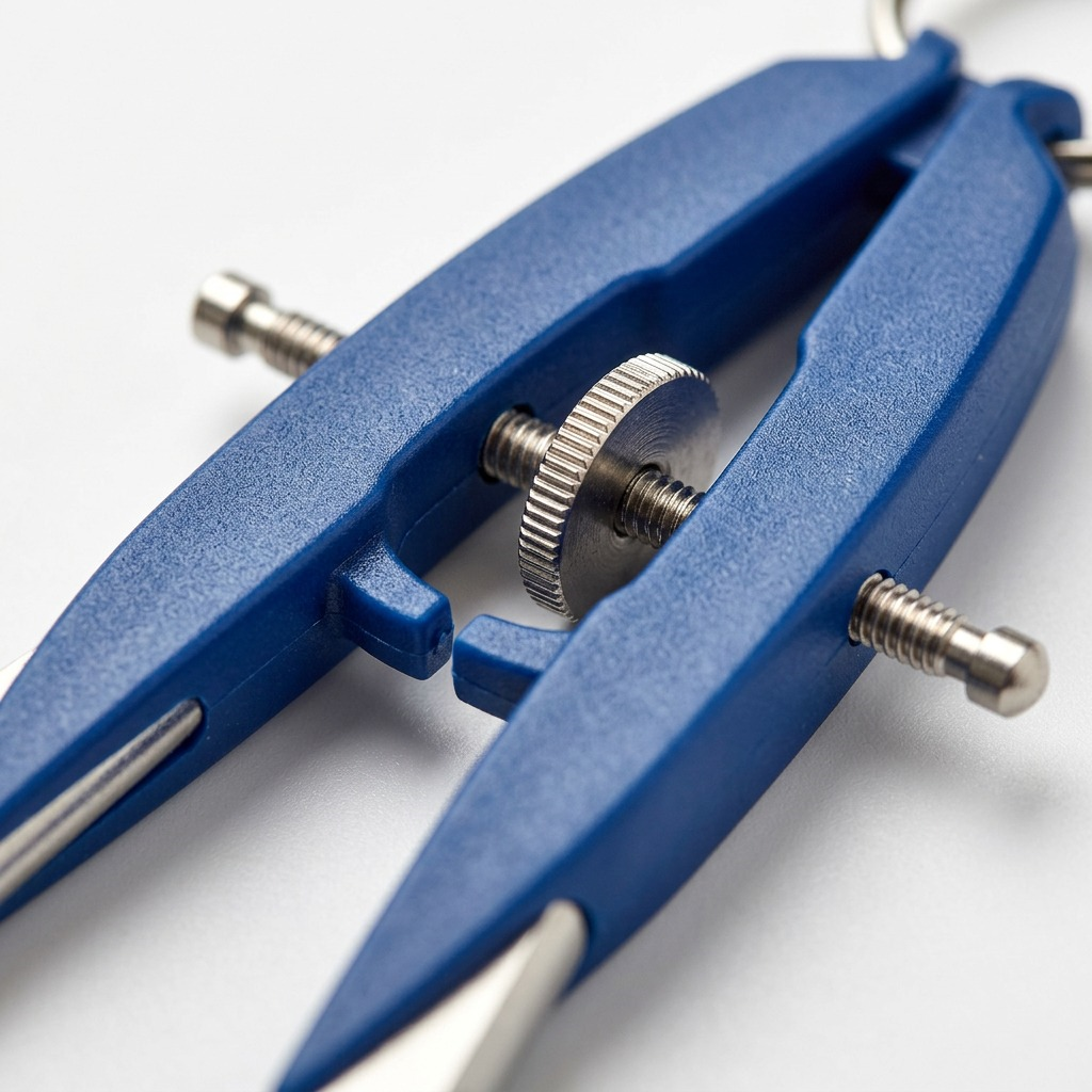 An extreme close-up photograph focuses on the central screw mechanism of the Staedtler Mars 556 comfort compass, showing the intricate thread and the textured metal wheel.