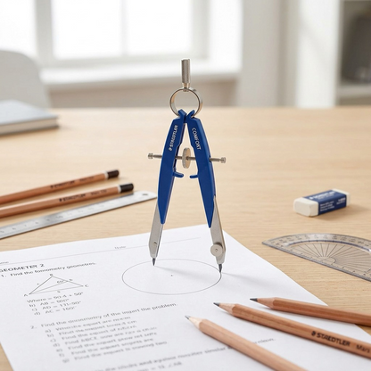 Lifestyle photo of STAEDTLER Mars 556 comfort compass near a textbook, pencils, and ruler on a desk.