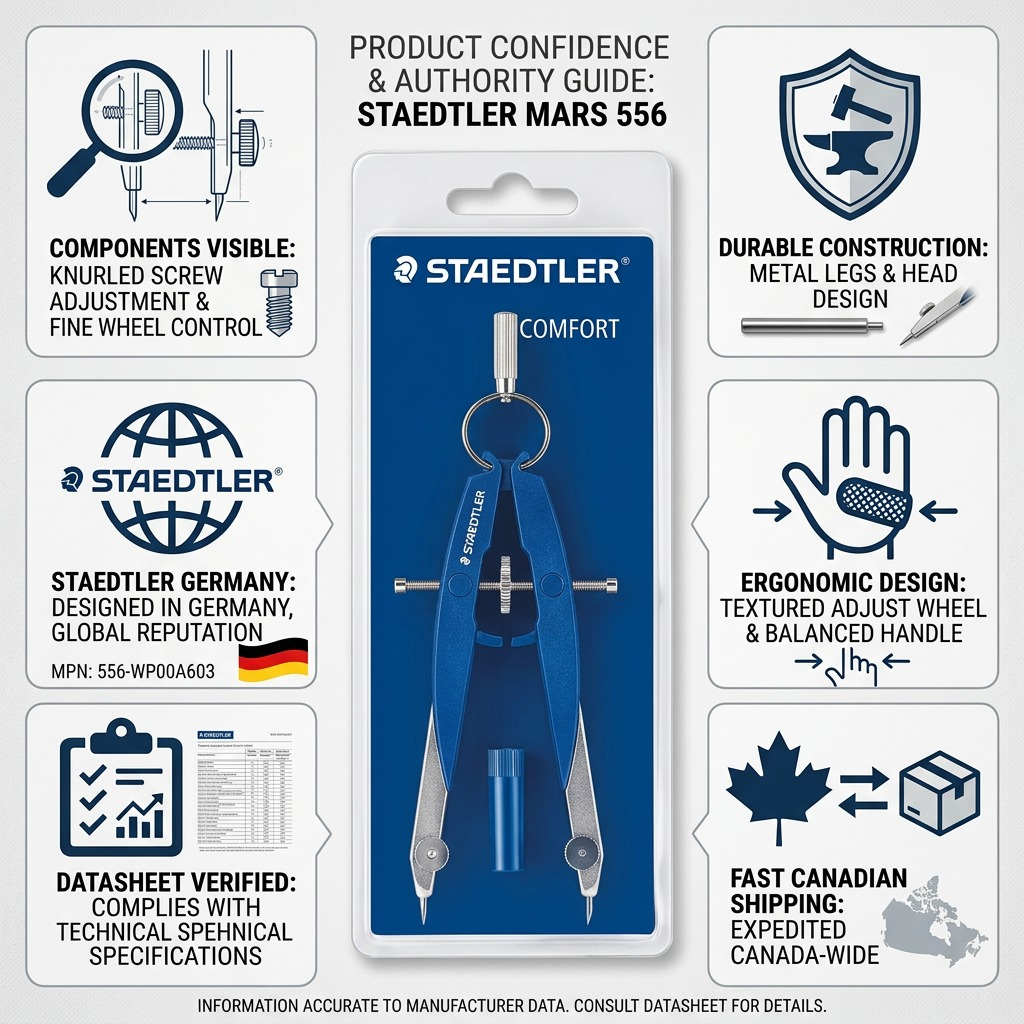 Infographic matrix showing a STAEDTLER Mars 556 compass with factual trust and authority data cues.