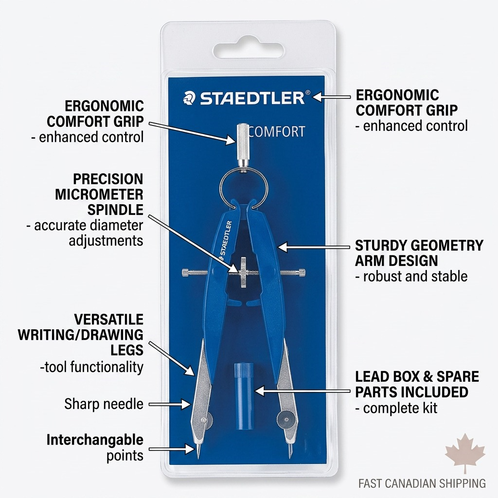 Product feature callout graphic for STAEDTLER Mars 556 comfort compass, highlighting its ergonomic grip, precision spindle, and complete kit.