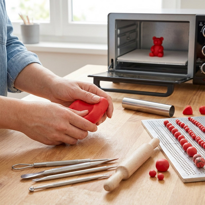 A close-up shot of hand-kneaded STAEDTLER FIMO Professional True Red clay.