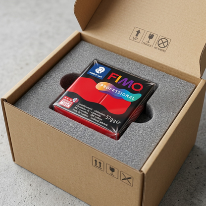 A premium unboxing experience showing the Fimo Professional block nestled in custom foam and an exterior delivery box.
