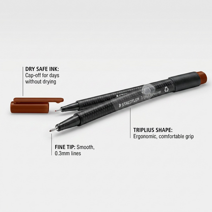 A clean e-commerce feature callout image for the STAEDTLER Triplus Fineliner showing key benefits and specifications.