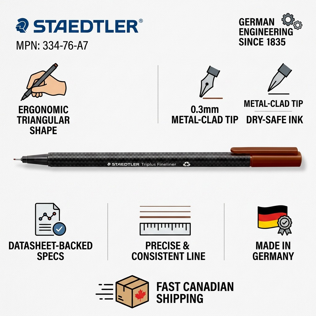 STAEDTLER Triplus Fineliner pen infographic highlighting accuracy, German engineering, and fast Canadian shipping.