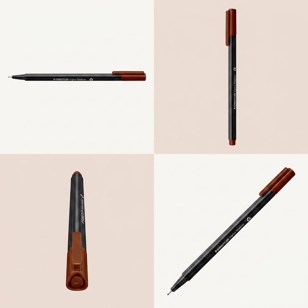 Grid matrix showing the STAEDTLER triplus fineliner from four different angles: horizontal, vertical, rear view, and angled.