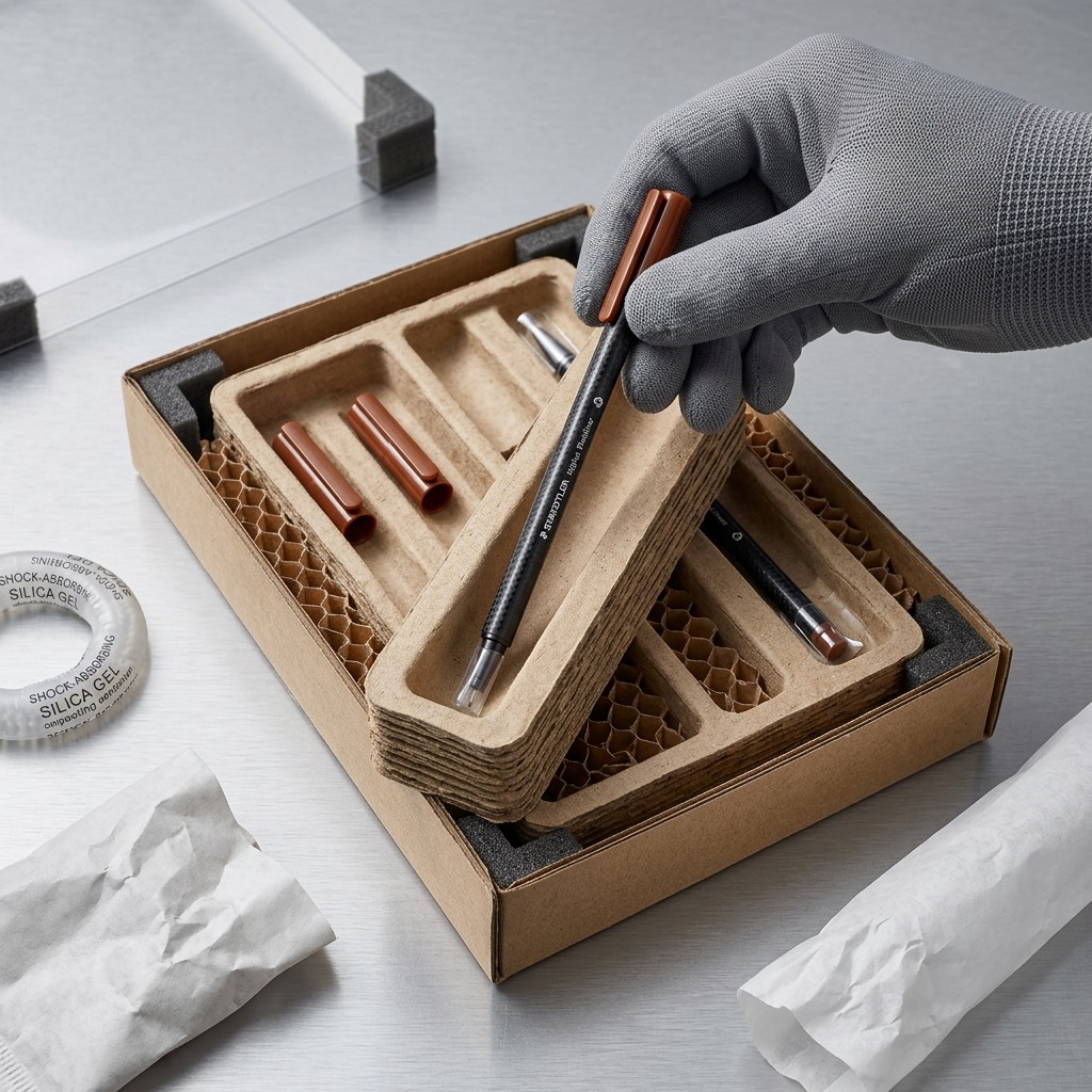 Unboxing confidence for a single STAEDTLER fineliner inside heavy protective cardboard packaging.