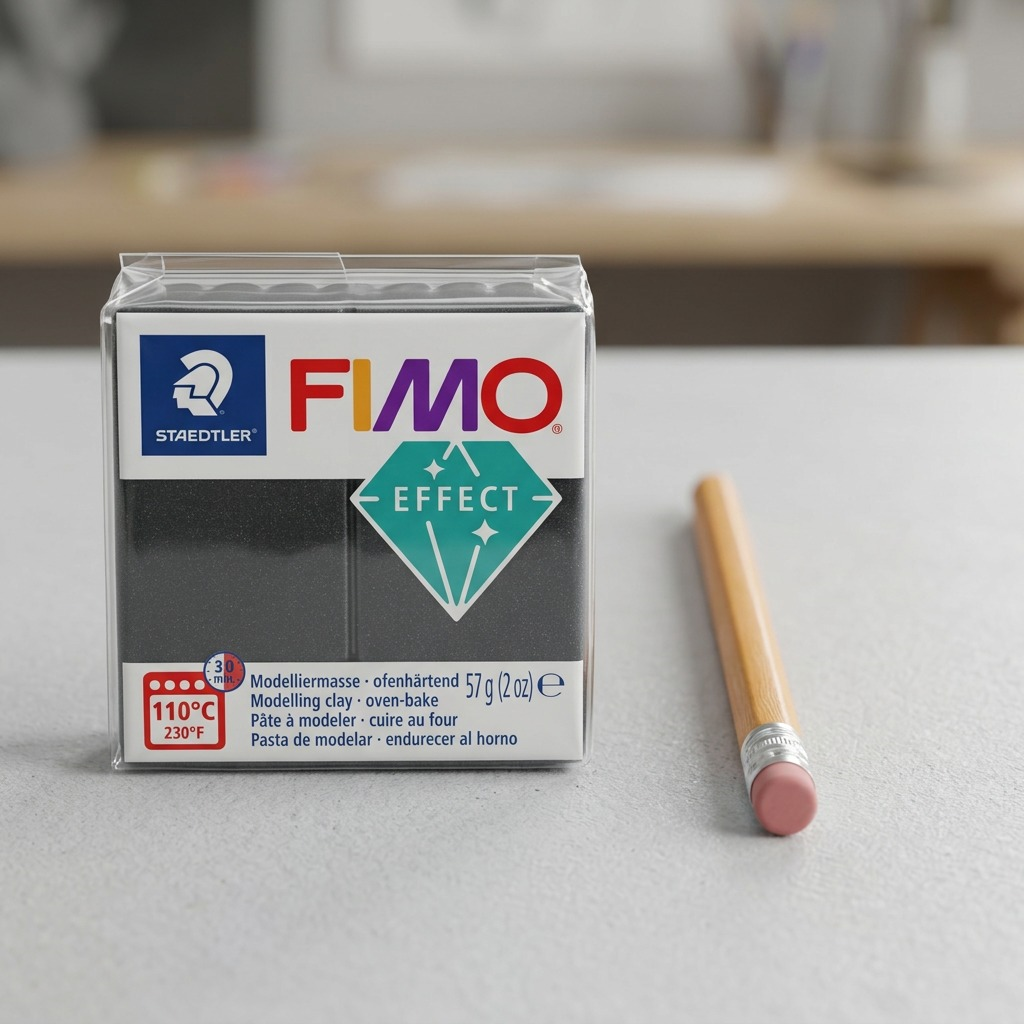 A photographic scale reference of STAEDTLER Fimo Effect Grey Metallic modeling clay next to a standard wooden pencil.