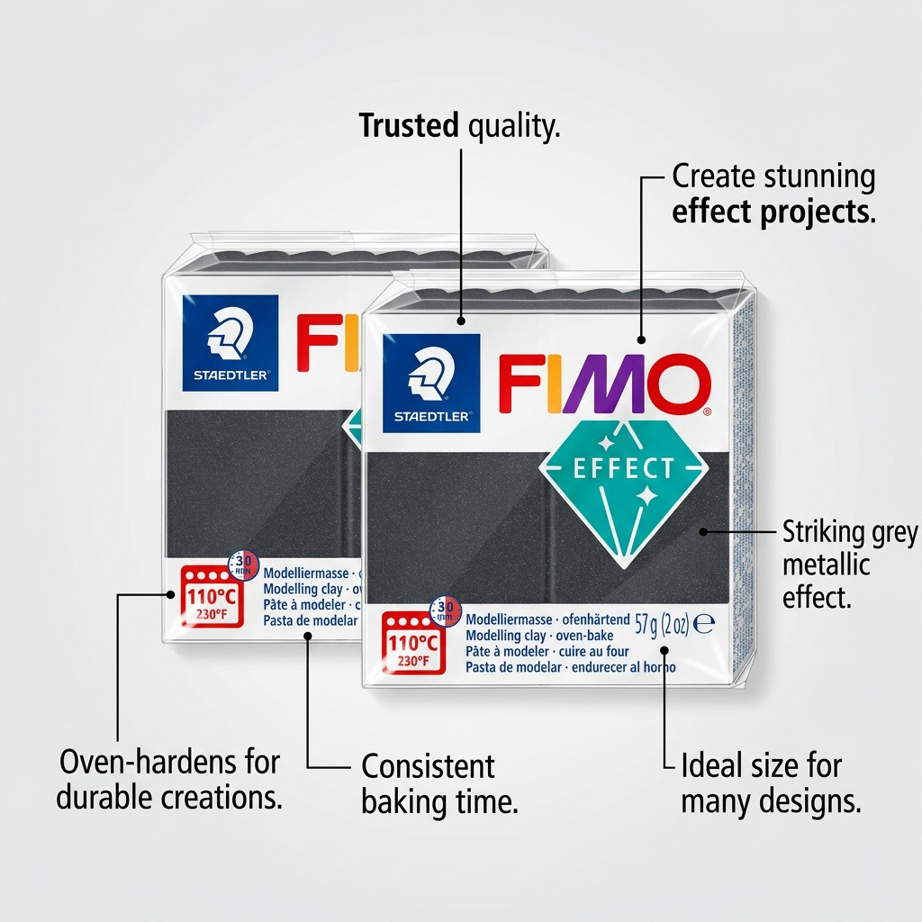 STAEDTLER FIMO Effect Grey Metallic clay packages with benefit callouts like consistent baking and stunning effects.