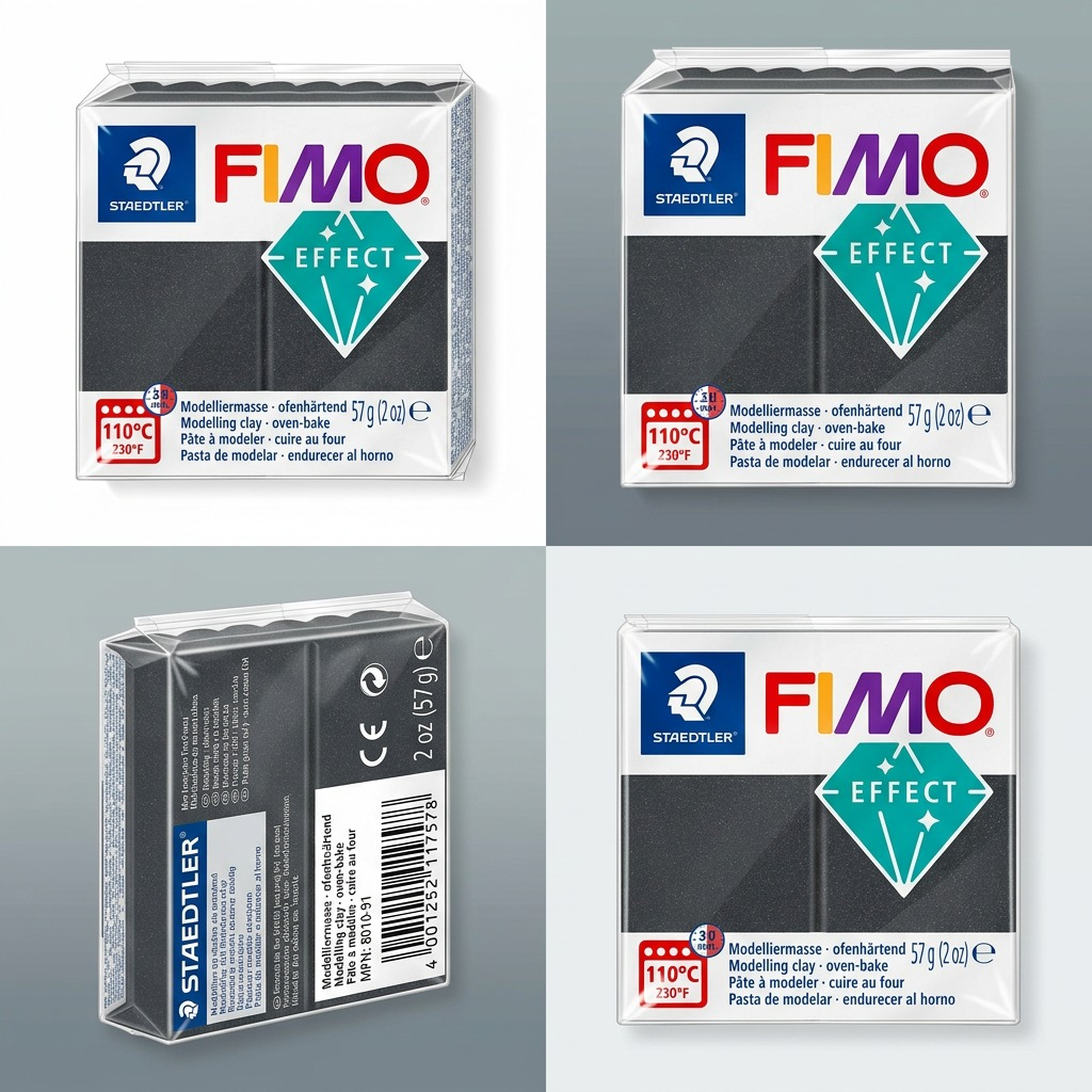 A grid matrix of four distinct angles of STAEDTLER Fimo Effect Grey Metallic modeling clay on a clean background.
