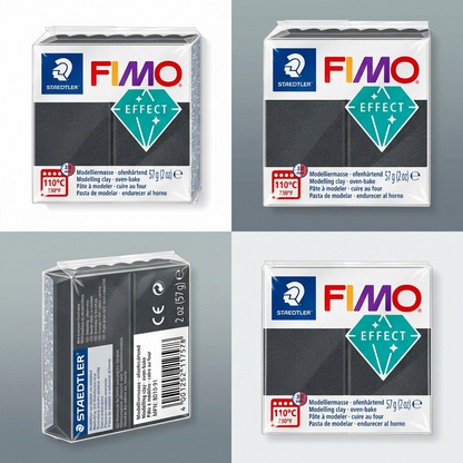 A grid matrix of four distinct angles of STAEDTLER Fimo Effect Grey Metallic modeling clay on a clean background.