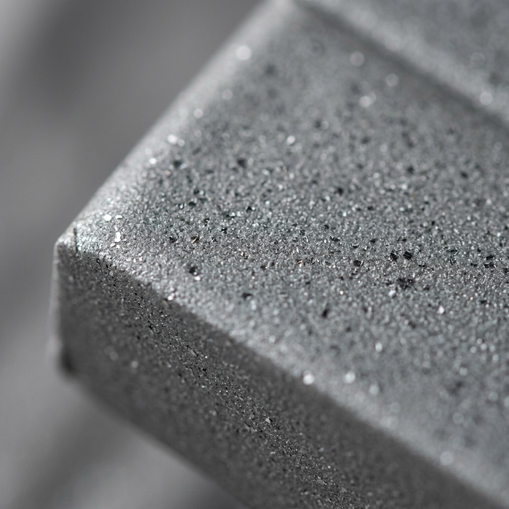Extreme macro photo showing the fine metallic flake texture within the matte grey FIMO Effect clay and a clean label corner.