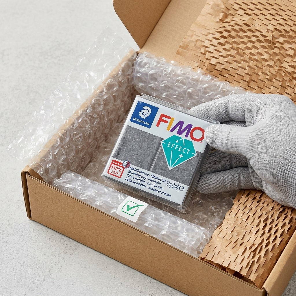 A photo-realistic unboxing of Fimo Effect clay, protected by bubble wrap, sitting within a cardboard shipping box.
