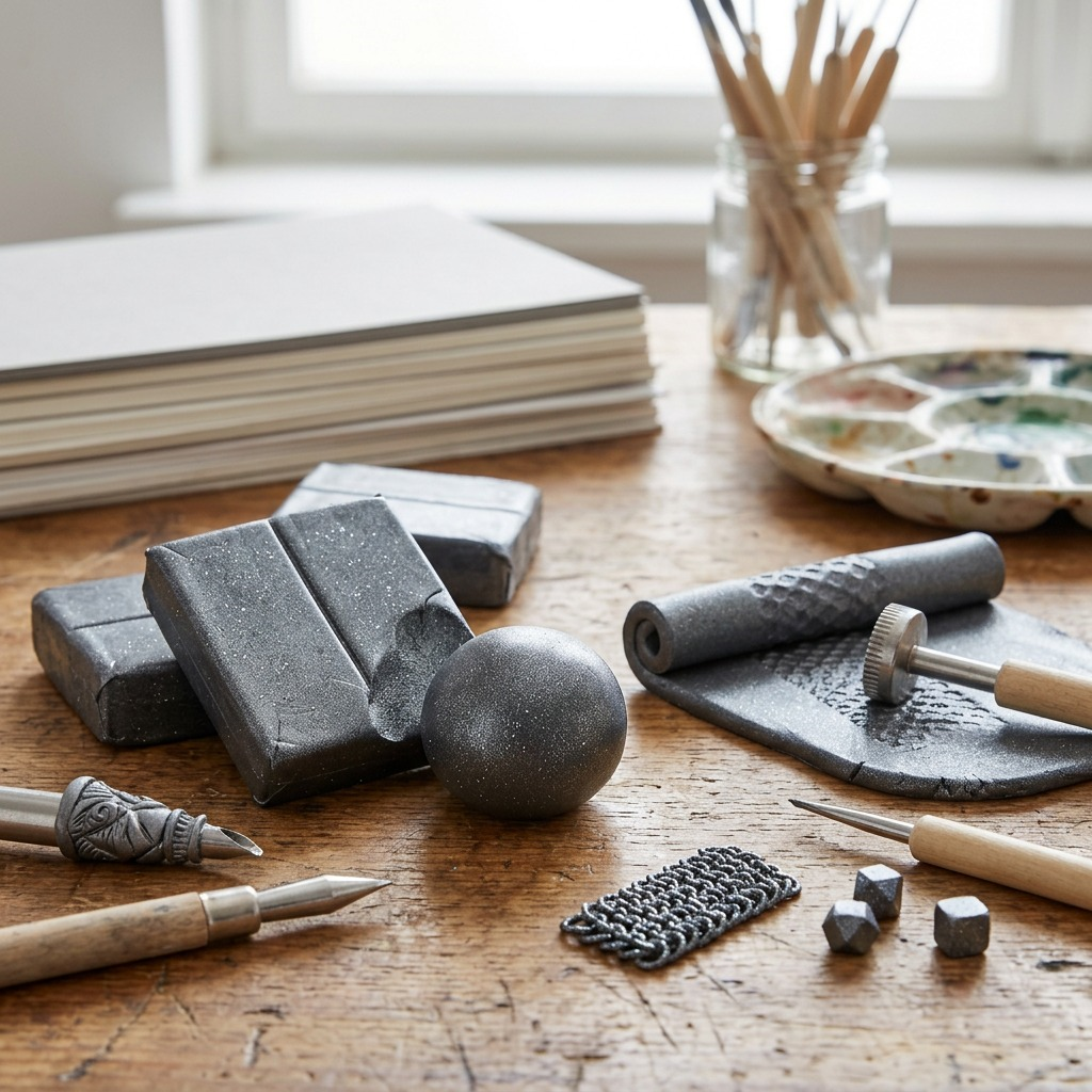 Fimo Effect Grey Metallic modeling clay block with sculpting tools and finished craft pieces on a workbench.