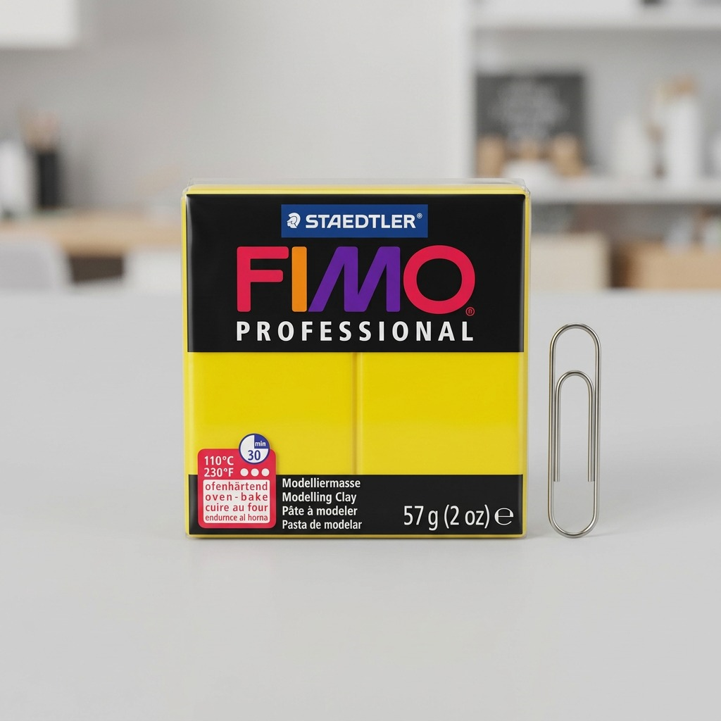 A product-led image showing the yellow Fimo Professional block next to a classic metal paperclip for scale, on a clean desk.