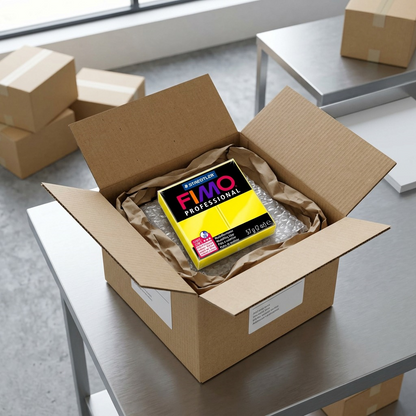 A top-down view of a sturdy, open-flapped cardboard shipping box containing one pack of STAEDTLER FIMO Professional True Yellow 8005-100 modeling clay. The product is nestled securely within the box using biodegradable packing peanuts and clear protective bubble wrap. Natural, soft light illuminates the scene, highlighting the protective layers and the intact product, reducing shipping damage concerns. The background is a simplified, neutral concrete floor.