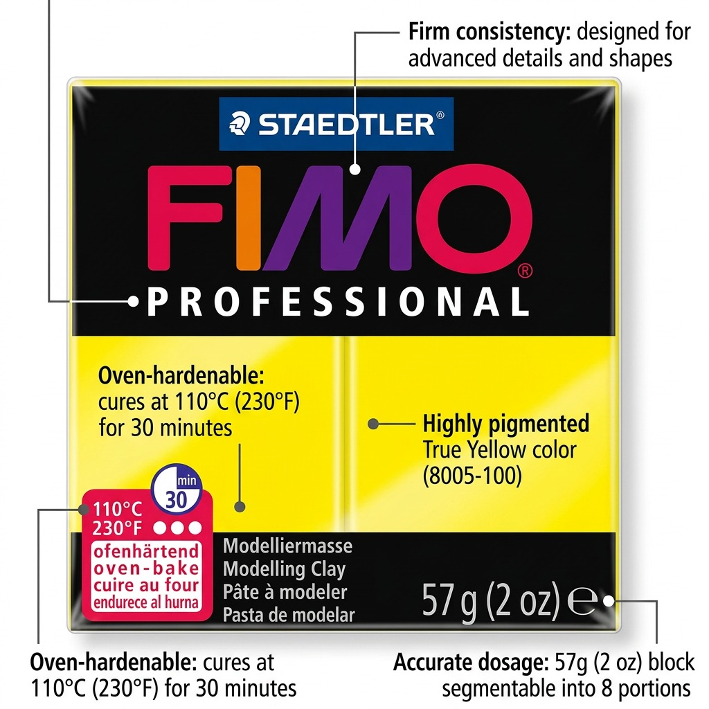 Feature callout image for FIMO Professional True Yellow, highlighting curing specs and clay features.