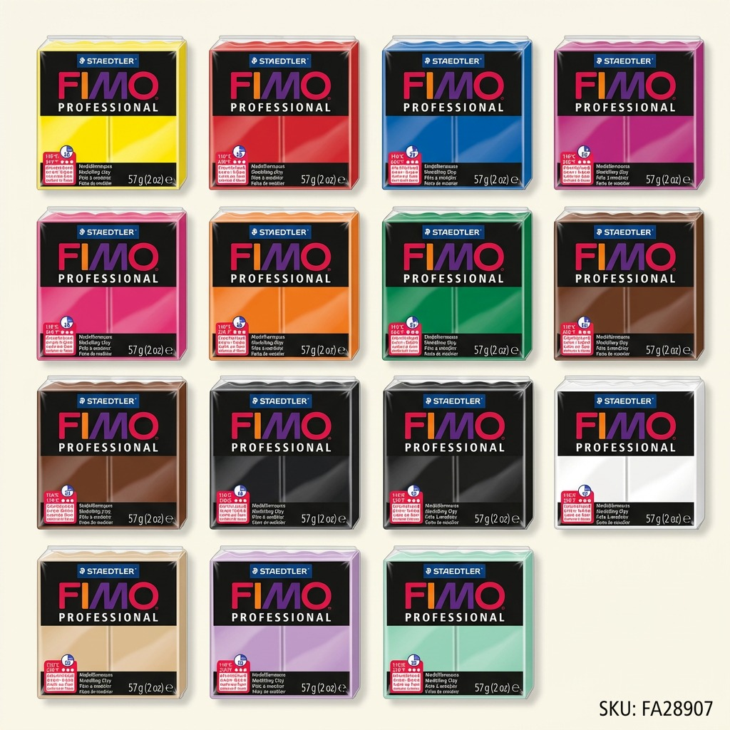 A premium product display grid showcasing 12 vibrant colors of STAEDTLER FIMO Professional oven-bake modelling clay.