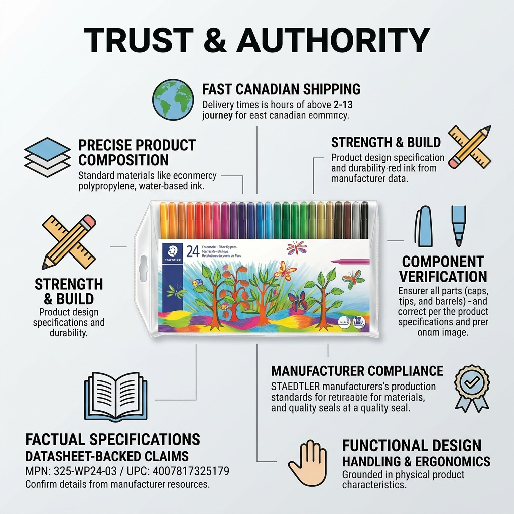 Trust & Authority infographic for STAEDTLER Fibre-tip pens 24pcs, featuring icons for shipping and build quality.