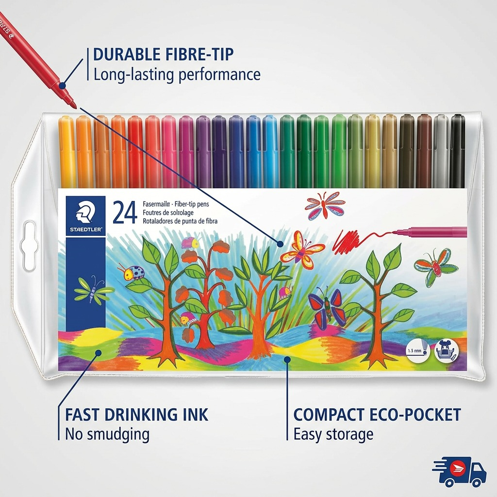 Operational feature graphic for STAEDTLER Fibre-tip pens, illustrating key performance features with annotations.