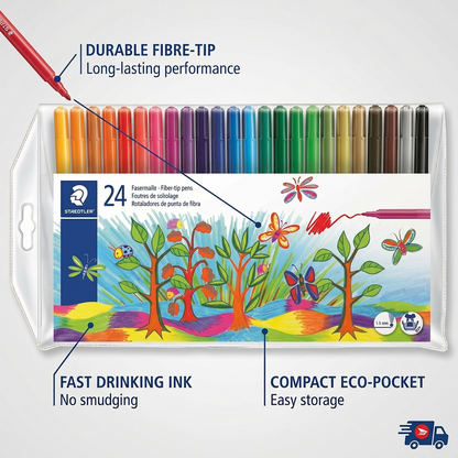 Operational feature graphic for STAEDTLER Fibre-tip pens, illustrating key performance features with annotations.