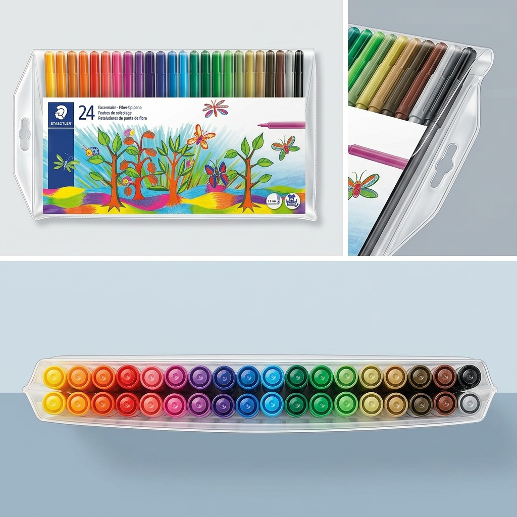 A 3x1 multi-angle visual matrix showing front, side, and top-down views of the STAEDTLER 24-piece fibre-tip pen wallet (325-WP24-03).