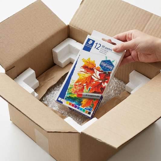 Premium photo of a well-protected STAEDTLER Oil Paste set being unpacked from a shipping box.