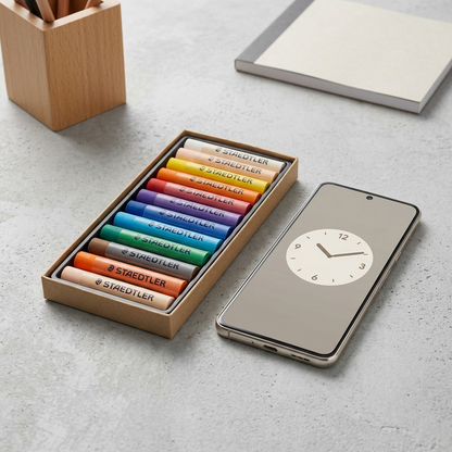 A photorealistic comparison shows the 12-pack of STAEDTLER oil pastels beside a modern smartphone to indicate size.