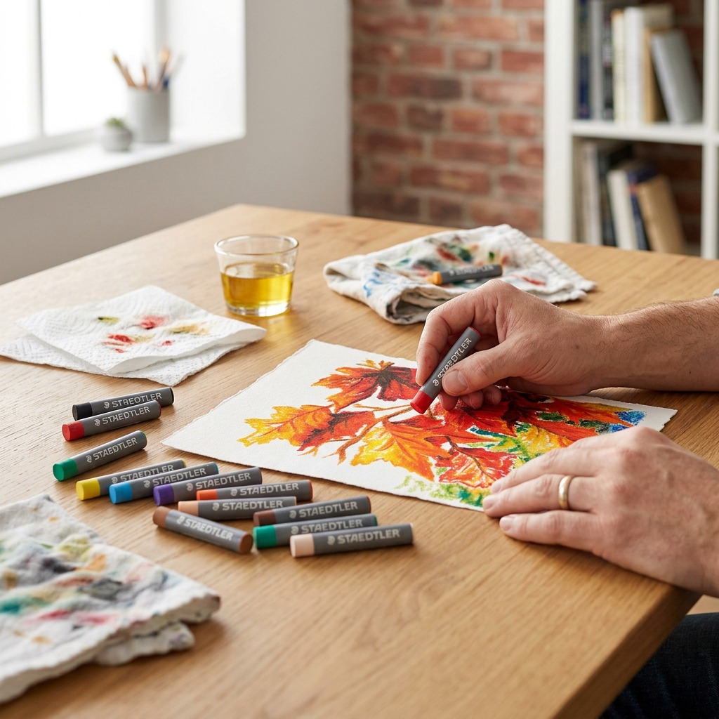 A close-up photograph of hands using a red STAEDTLER oil pastel to draw, surrounded by the other available colors on a clean surface.