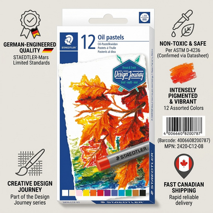Infographic for STAEDTLER Oil Pastels, featuring product attributes and Canadian shipping.
