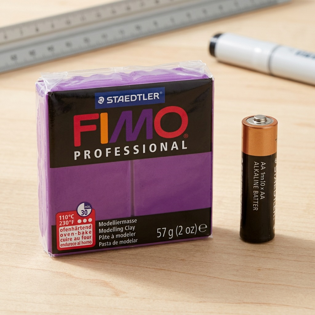 A standard package of Staedtler Fimo Professional solid-purple clay, showing its real-world scale alongside an ordinary, widely recognized AA battery on a light wooden table.