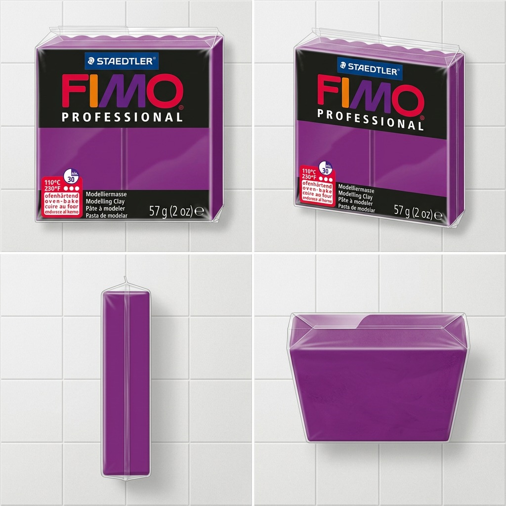 A PDP visual matrix showing the Fimo Professional 57g violet clay package from frontal, three-quarter, and side views.