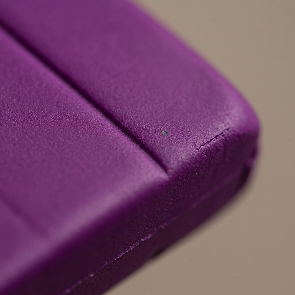 Macro photograph showing the smooth, dense texture and clean score line of Fimo Professional Violet clay.