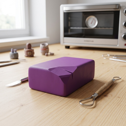 A macro photo shows a realistic, unpackaged block of STAEDTLER FIMO Professional Violet modeling clay with a few carved facets, sitting on a natural wood craft table next to metal modeling tools. A miniature sculpting project and a small, unbranded air convection oven are in the softly blurred background with natural daylight.