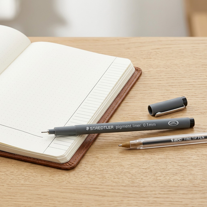 STAEDTLER Fineliner 0.1mm shown beside a notebook and pen to illustrate size context.
