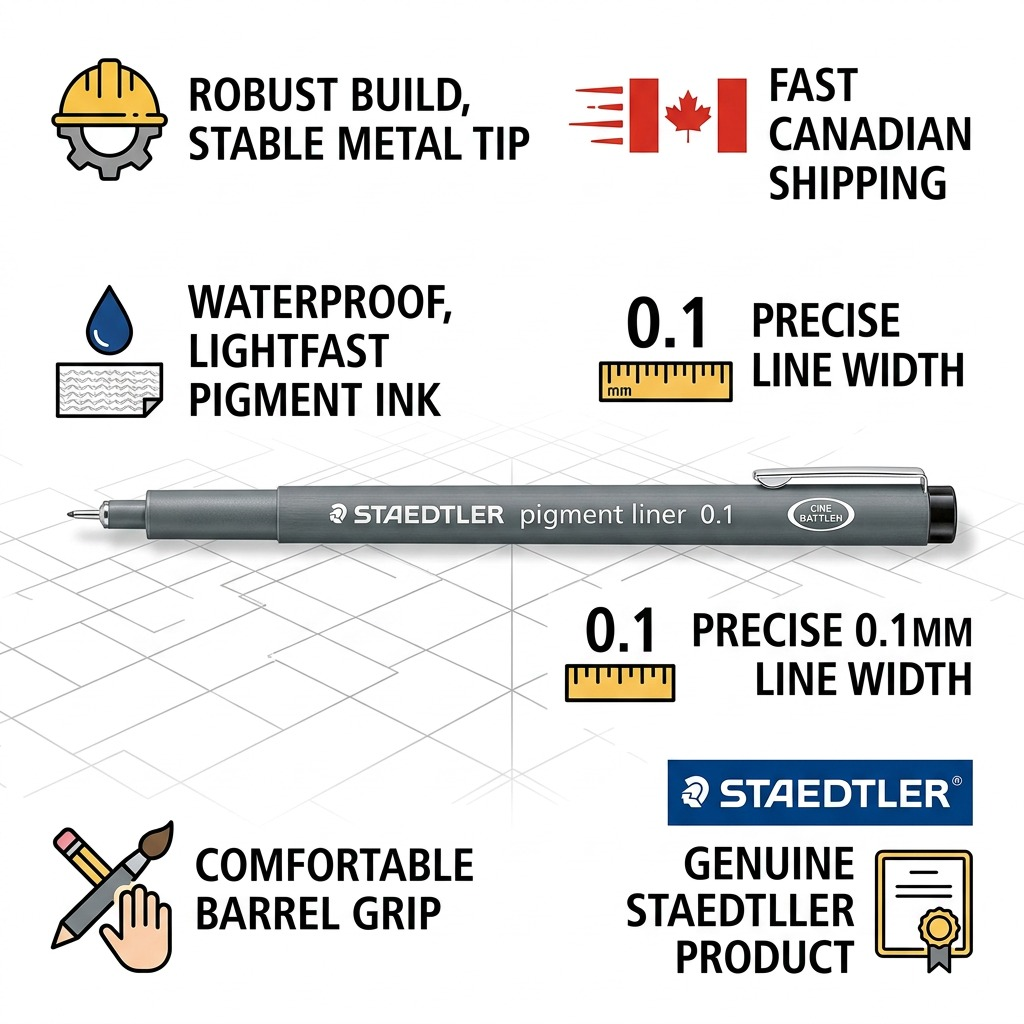 Infographic for STAEDTLER Fineliner pigment liner with icons highlighting waterproof ink, precise 0.1mm width, fast Canadian shipping, and a genuine STAEDTLER product guarantee.